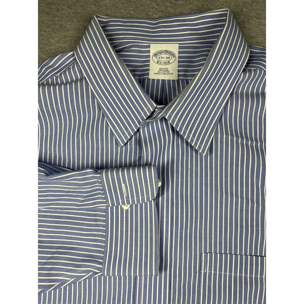 Brooks Brothers Mens Blue Striped Slim Fit Shirt L/S Button Down Size 17.5 34